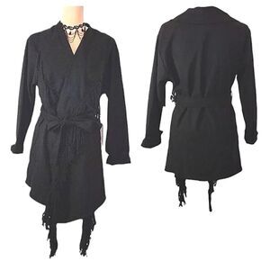 Y2K Black Fringed Waterfall  Belted Midi Whimsigoth Jacket Small NWT